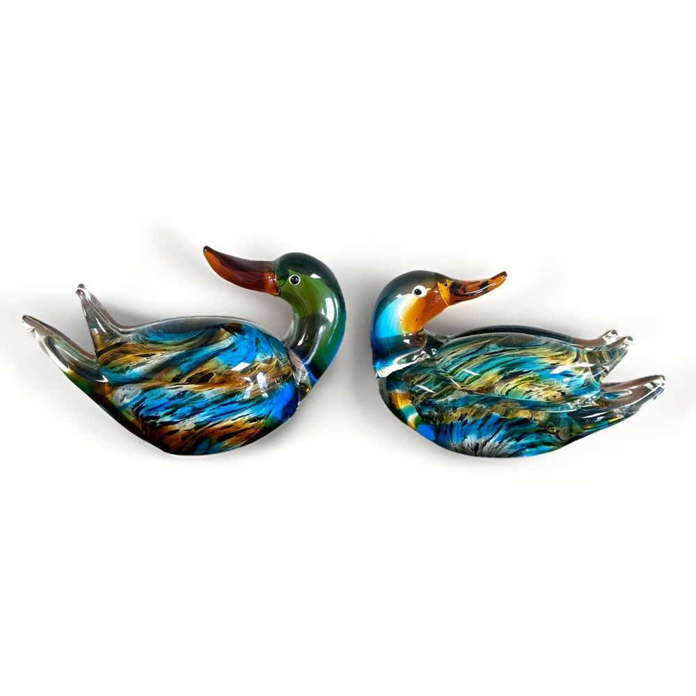 Pair 2 Murano Art Glass Duck Figurines Multicolored Swirl 6”